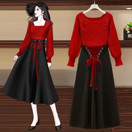 2021 New Autumn Winter Sweater Skirt Set Full Sleeve Blouse Top +black Skirt Set Women Two Piece Outfits Y342
