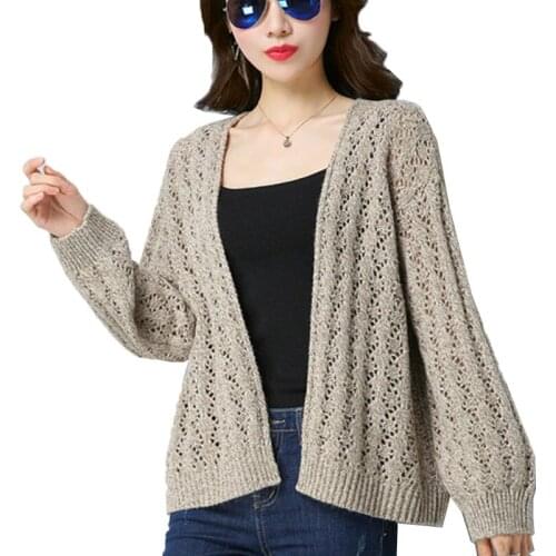 Womens Sweater Spring Autumn Short V-neck Long Sleeve Hook flower hollow Knitted Sweater Cardigan Lady Solid Color Thin Coat