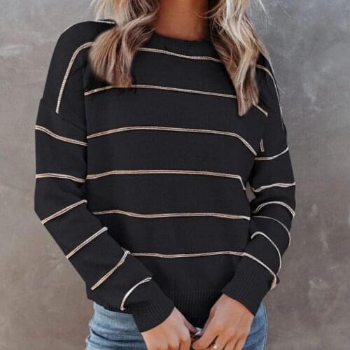 2021 New Fashion Simple Loose Knitted Top Long Sleeve O Neck Striped Women Knitwear Sweater for Autumn Winter Daily Wear