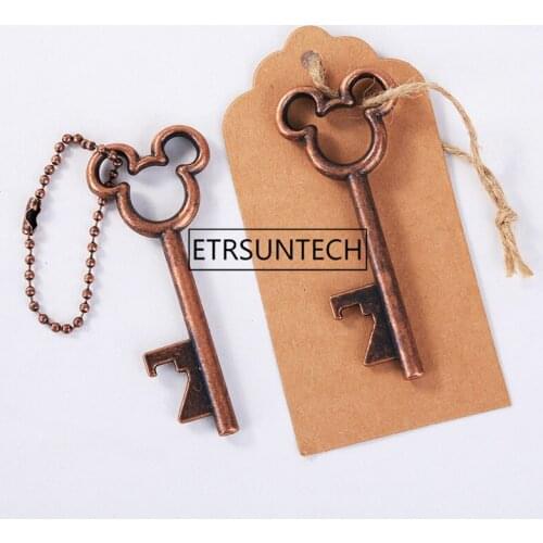 200pcs/lot Fast shipping Creative Wedding Favors Party Gifts Antique Bronze Mickey Skeleton Key Beer Bottle Opener