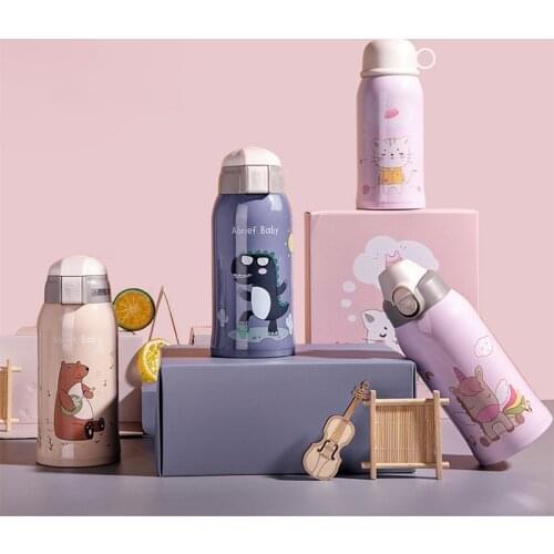 600ml Smart Bear Thermos Cups With Straw Thermos Mug Stainless Steel Travel Outdoor Sports Vacuum Flask Water Bottle For Gifts