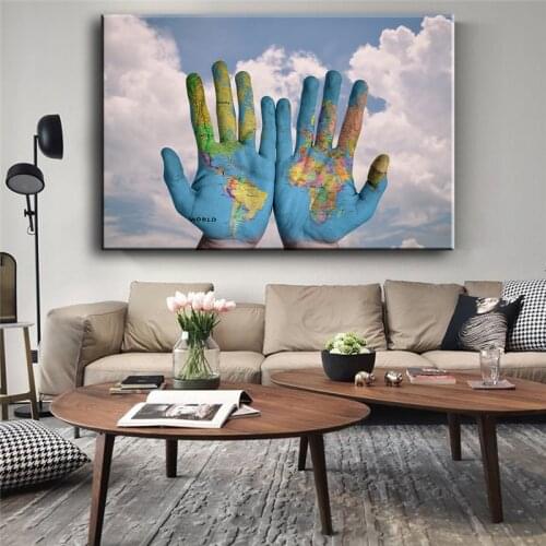 Abstract Graffiti World Map Posters on Hands Map Canvas Painting Prints Wall Art Picture for Living Room Home Wall Cuadros Decor
