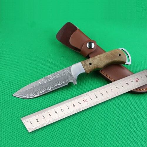 Free shipping Handmade Forged Damascus Hunting Knife Camping Survival Knife Fixed Blade Tactical Knife wood Hanlde