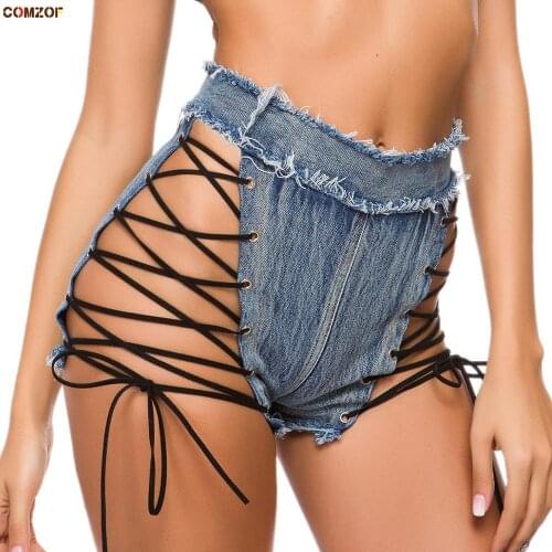 Side bandage women sexy nightclub shorts denim high waist hot jeans womens clothing short feminino pole dance pantalon corto