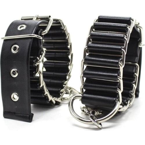 Black Genuine Leather with Metal Ring Woven Wrist Cuffs Bondage Restraints Adjustable Length Heavy Duty Punk