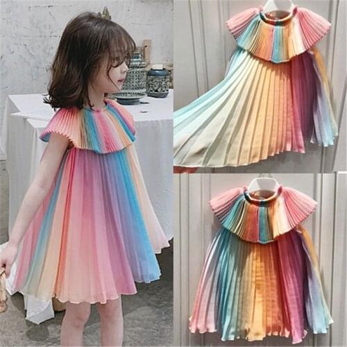 Childrens clothing 2020 Korean girl dress Rainbow Fairy dress summer cool chiffon pleated kids dress girls dresses