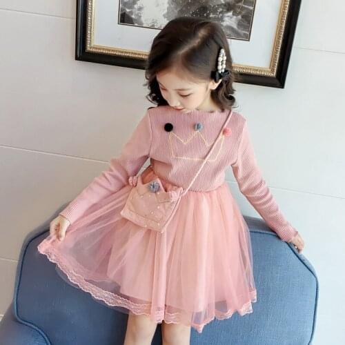 Kids Knit Dresses for Girls Summer Mesh Patchwork Princess Dress Girls Prom Party Vestidos With Bags Baby Girl Children Clothing