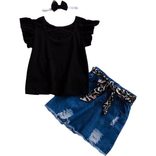 Infant Kids Girl Ruffles Sleeve and Skirt Set Fashion Solid Color Round Neck T-shirt and Leopard Bandage Denim Short Skirt 2-7T
