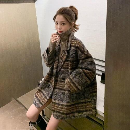 Cotton No Added Cotton Plaid Wool Coat Womens Mid-Length 2021 Autumn and Winter New Popular Korean Loose Woolen Coat