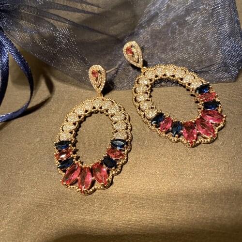 Chinese Vintage Classic Colorful Zircon Gold Color Oval Ladies Earrings Luxury Generous Personality Temperament Party Jewelry