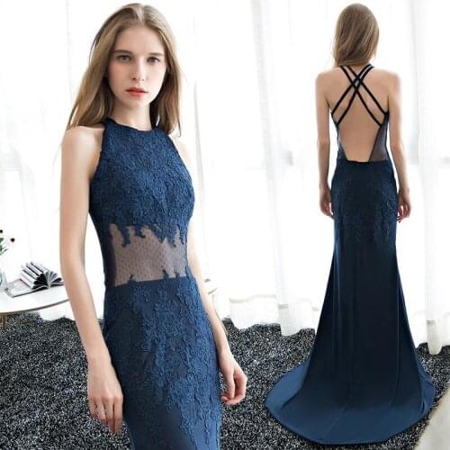 2021 New Mermaid Cocktail Dresses Halter Neck Sleeveless Floor Length Appliques Lace Navy Blue Guests Forma Prom Evening Gowns