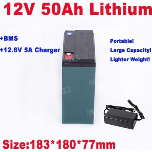 Lithium ion battery pack 12v 50ah with BMS for 350W LED Light /CCTV Camera/inverter/Door supervision Security equip+5A charger