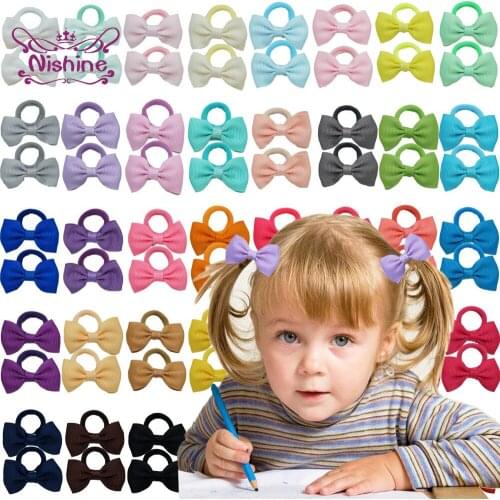 Nishine 10pcs/lot Candy Color Grosgrain Ribbon Bowknot Toddler Hair Ropse Cute Handmade Bows Elastic Hairband Kids Accessories