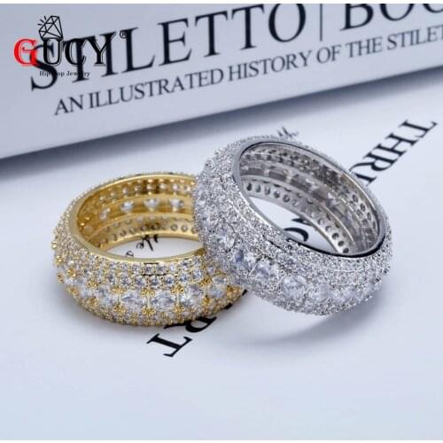 GUCY Hip Hop Mens Rings Iced Out Cubic Zircon Bling Round 10mm Width 5 Rows Ring Gold Silver Color CZ Jewelry Gifts