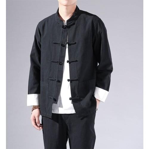 Chinese Style Mens Tops Tang Suit Linen Long Sleeve Solid Traditional Kung Fu China Style Hanfu Shirt Plus Size M-5XL CN-154