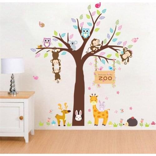 Zoo Animal Big Tree Wall Sticker For Kids Room Kindergarten Home Decor Cartoon Owlet Monkey Giraffe Safari Mural Art Decals