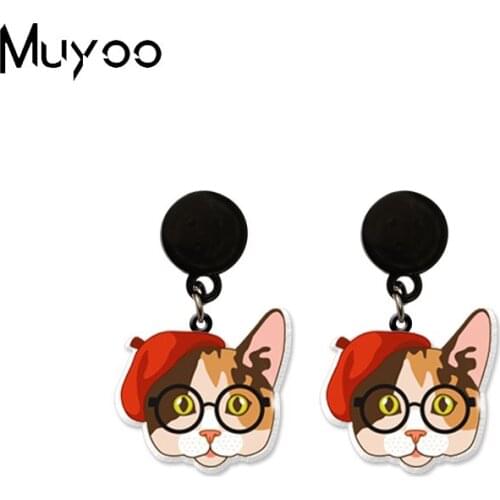 2020 New British Gentle Cat Cosplay Cute Kittens Acrylic Drop Epoxy Handcraft Jewelry Black Stud Earrings