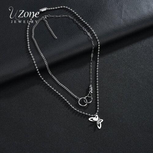 UZone Stainless Steel Butterfly Pendant Necklace Double-layer Detachable Beads Chain Choker Necklaces For Women Girls Gift