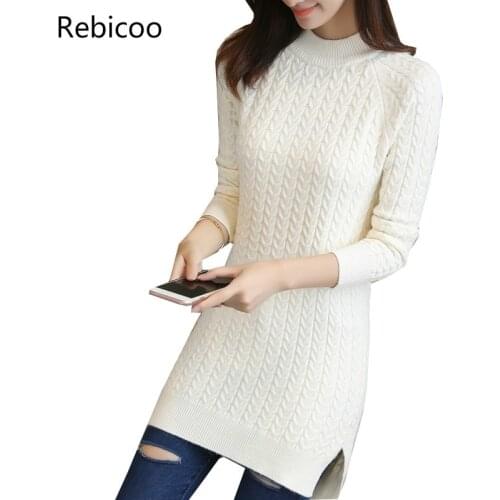 Medium long pullover sweater female spring new loose bag hip bottoming Top ladies solid color split fork slim knit jacket women