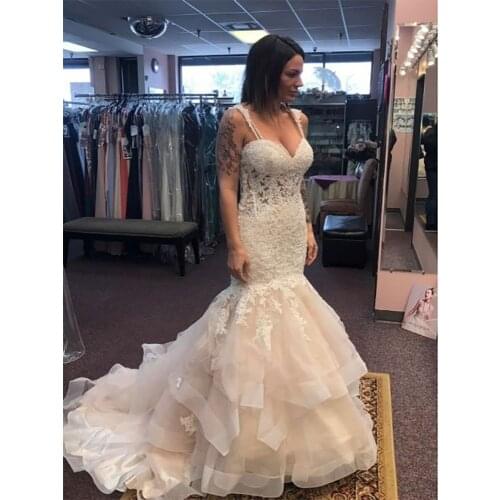 Puffy Skirt Long Mermaid Wedding Dresses 2021 Ruffles Lace Appliques Spaghetti Straps Corset Bridal Gowns Sexy Open Back