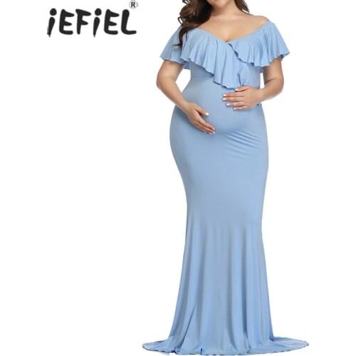 Maternity Sexy Shoulderless Ruffled Dresses For Photo Shoot Maxi Gown Women Pregnant Photography Props Pregnancy Long Dress