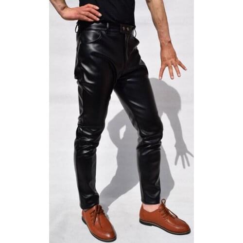 Spring and autumn mens leather pants casual slim wind teenage male straight high waist motorcycle leather trousers mens fashion