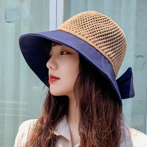 Women Hollowout Bucket Hat Cotton Knitted Fisherman Hat With Bow Wide Brim Sunscreen Sun Block Beach Hat Large Visor Caps 2021