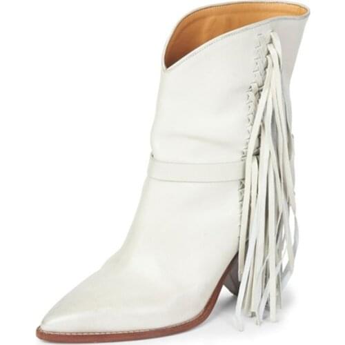 2019 High Spike Heels Fringed Ankle Boots Women Fashion Pointed toe White Leather Tassel Shoes Rome Designer Party Dress Boots