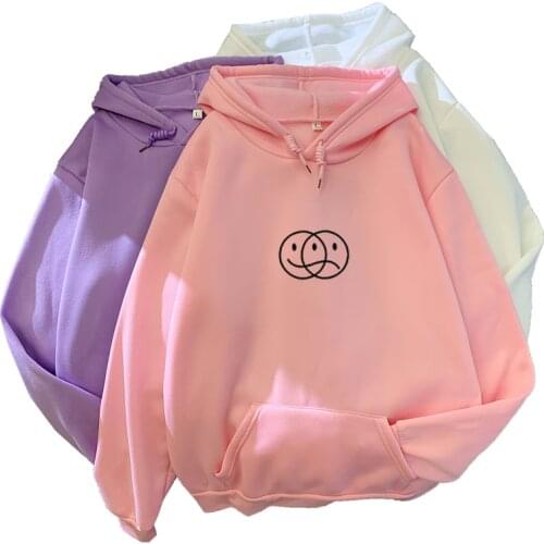 Women Hoodies Hip Hop Korean Long Sleeve Streetwear Sweatshirt Casual Pullovers Smile Sad Face Line Print Sport Tops Hoodies