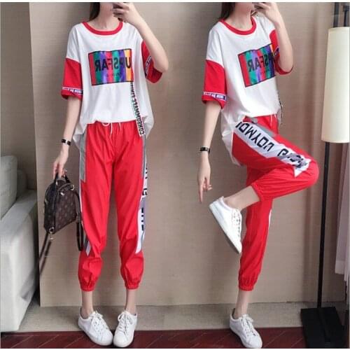 2019 New Joker Leisure Women Sporting Suits summer loose striped Letter two piece set Hip-hop Womens Tracksuits Sportswear suit