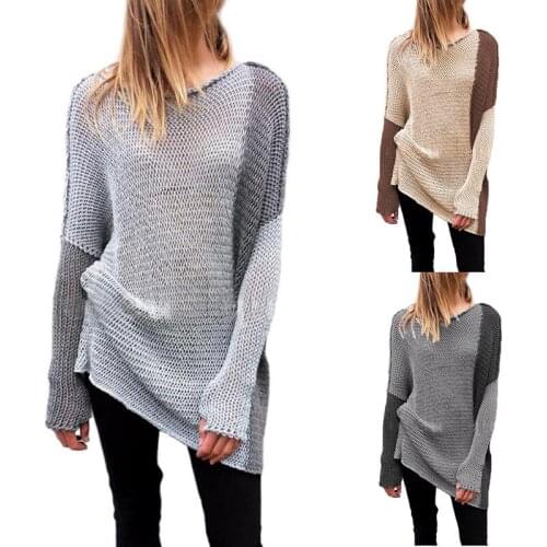 Womens Knitted Sweater Sexy V-neck Stitching Patchwork Long-Sleeved Knitting Top Pullover Autumn Winter Warm Female