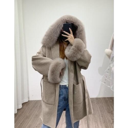 2020 Winter New Ladies Natural Fox Fur Collar Double-Sided Wool Coat with Plush Cuffs Female Thickening Warm Overcoat