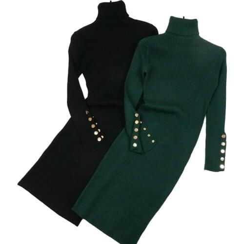 2019 Autumn Winter Women Knit Dress Fashion High collar Pencil Dress Elasticity Pullover Sweaters Female Bottoming Dresses H677