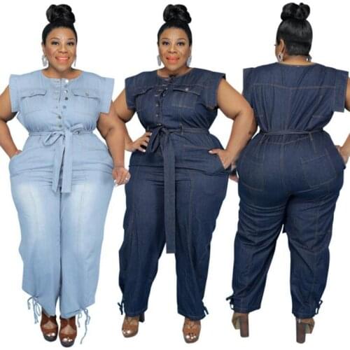 ZKYZWX Sexy Jeans Jumpsuit Plus Size Women Clothing Button Up Bandage Romper Oversized Pocket Jeans Pants One Piece Club Outfits