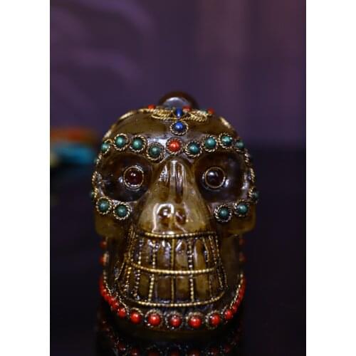 4"Nepal Buddhism Old Crystal mosaic Gem Dzi Bead Shituo Lin Skeleton Head statue Town House Exorcism Ward off evil spirits