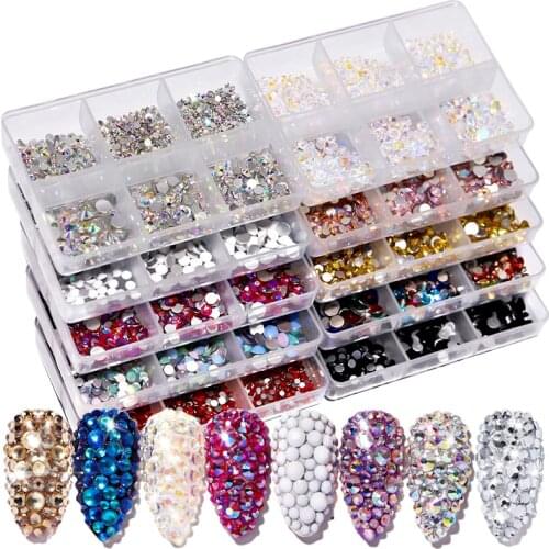 6 Grid/Box 3D Rhinestones AB Flat Back Shiny Stones Nail Art Decorations Mixed Size Nail Gems Crystal Manidcure Accessories
