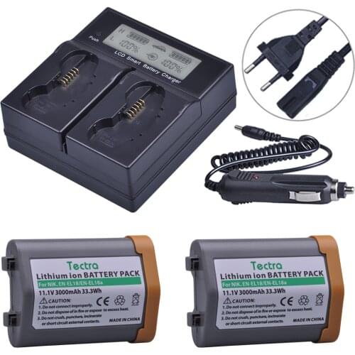 Tectra 2Pcs 3000mAh EN-EL18 EN-EL18a ENEL18 ENEL18a Battery for Nikon D5 D4 D4S Camera+LCD Dual Fast Charger+EU US plug