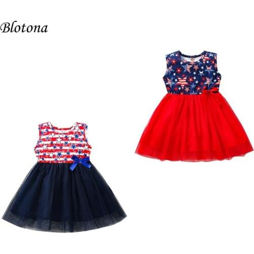 Blotona Kids Girls Dress, Star Stripe Print Round Collar Sleeveless Dress Independence Day Sundress for Summer, 18Months-5 Years