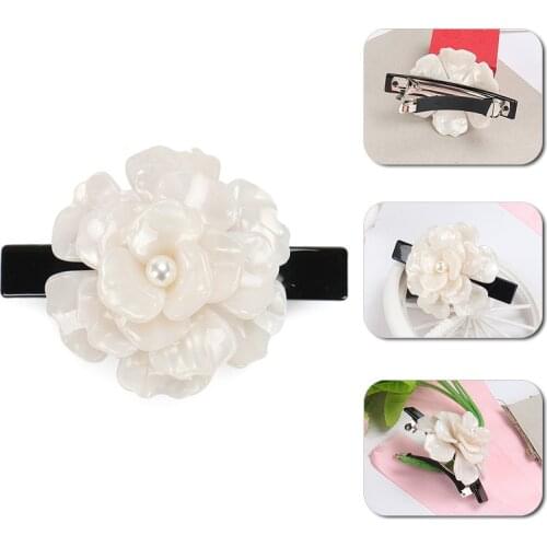 Buena Luxury White Pink Blooming Flower Hair Jewelry Cellulose Acetate Flower Hair Barrettes Pearl Barrette Perfect Gift