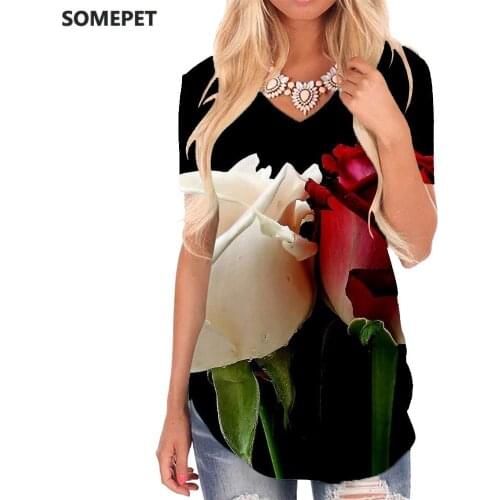 SOMEPET Rose flower T-shirt women Leaf V-neck Tshirt Creativity T-shirts 3d Harajuku Shirt Print Womens Clothing Punk Rock