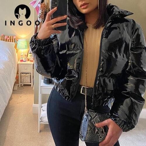 INGOO Warm Slim Short Womens Jackets Fashion Mirror PU Leather Zipper White Duck Down Jacket Female 2021 Winter Y2k Street Coat