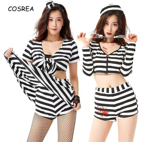 Halloween Split Prisoner Jumpsuit Costume Japanese Dance Cosplay Sexy Personality Bloody Prisoner Suit Top+Shorts or Skirt Set