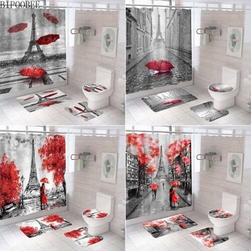 Red Umbrella Eiffel Tower 3D Shower Curtain Bathroom Curtains Pedestal Rug Toilet Lid Cover Carpet Bath Mat Home Decoration