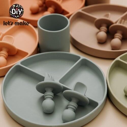 LetS Make 3PC/Set Silicone Plate Fork Spoon Baby Tableware Food Grade BPA Free Suction Tray Anti-slip Children Products Dinner