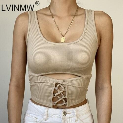 LVINMW Lace Up Ribbing Solid Stretchy Casual Women Tank Tops Square Collar Hollow Out Slim Daily Trim Cloth Crop Top Streetwear