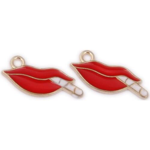 Mini Order 10pcs 21*7MM Sexy Lips with cigarette Enamel Charms Gold Tone Plated Oil Drop DIY Bracelet Necklace Pendants