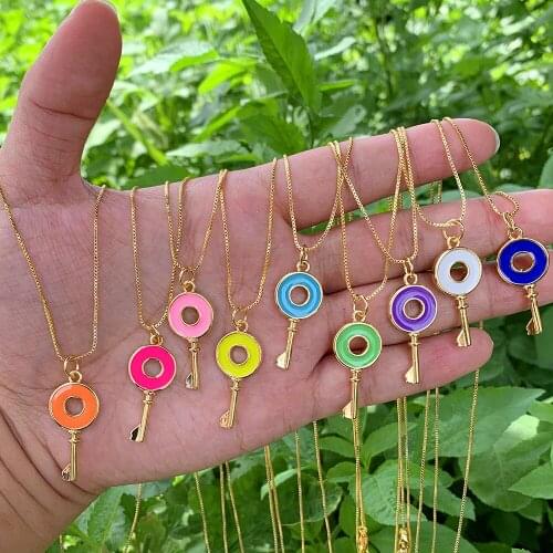 10Pcs Oil Drop Fashion Women Round key Jewelry Design Enamel Colorful Key Shape Pendant Necklace