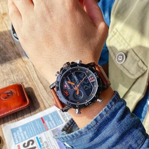 NAVIFORCE Top Brand Sports Watches Men Leather Strap Waterproof Dual Digital Man Quartz Wrist Watch Male Clock Relogio Masculino