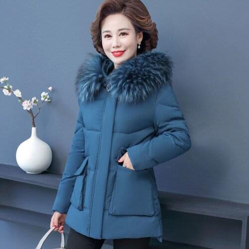 2021 Winter Women New Down Cotton Padded Coats Female Middle Aged Thicken Warm Parkas Ladies Fur Collar Hooded Outwear U490