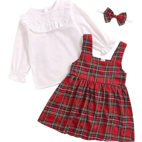 Plaid Girls Suspender Dress Set, Round Collar Long Sleeve Shirt Bowknot Hairband Plaid Skirt, Girls Clothing